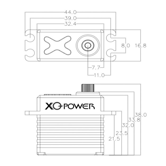 8.4V 16KG brushless servo motor dimension drawing showing installation size and mounting specifications