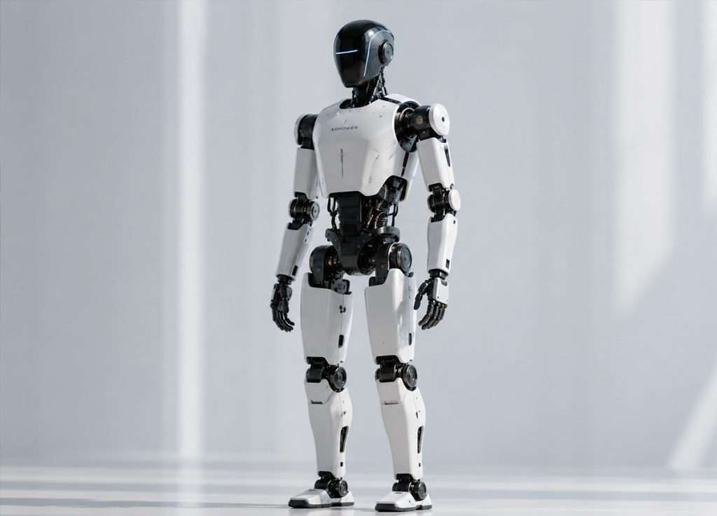 XQPOWER humanoid robot featuring high-torque industrial servos for precise motion control, standing in a sleek futuristic studio setting.