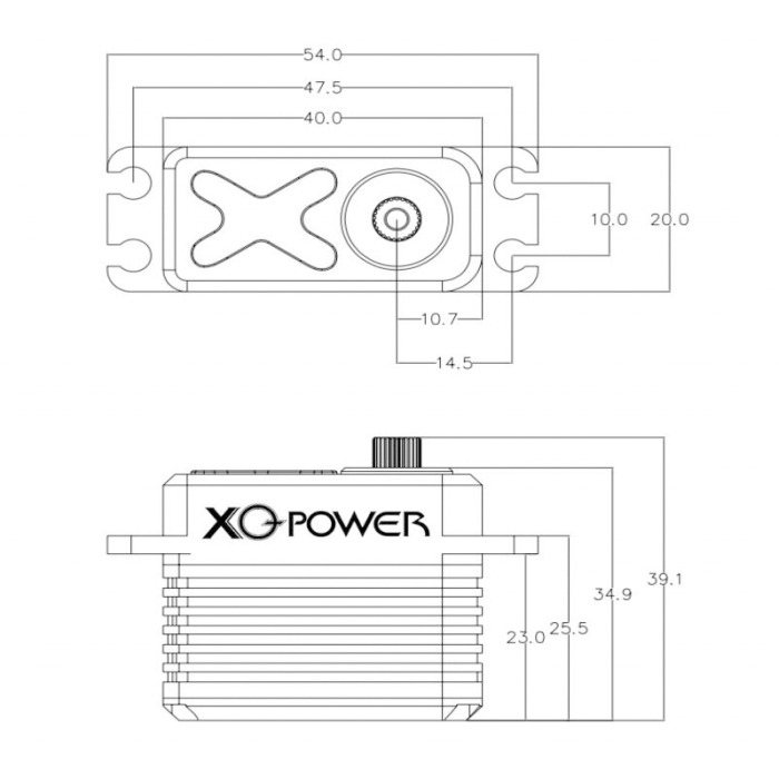 S8020D 23kg 8.4V coreless digital servo dimension drawing showing overall size, mounting dimensions, and output shaft measurements