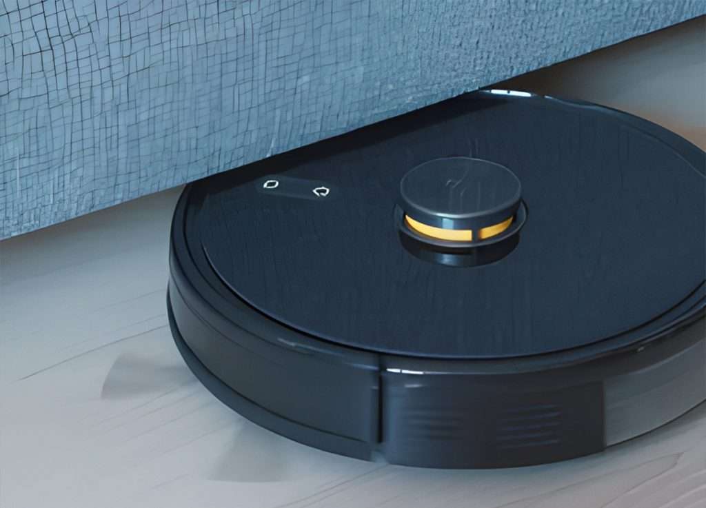 Robot vacuum cleaner cleaning a light wood floor under furniture, a smart home application of servo motors