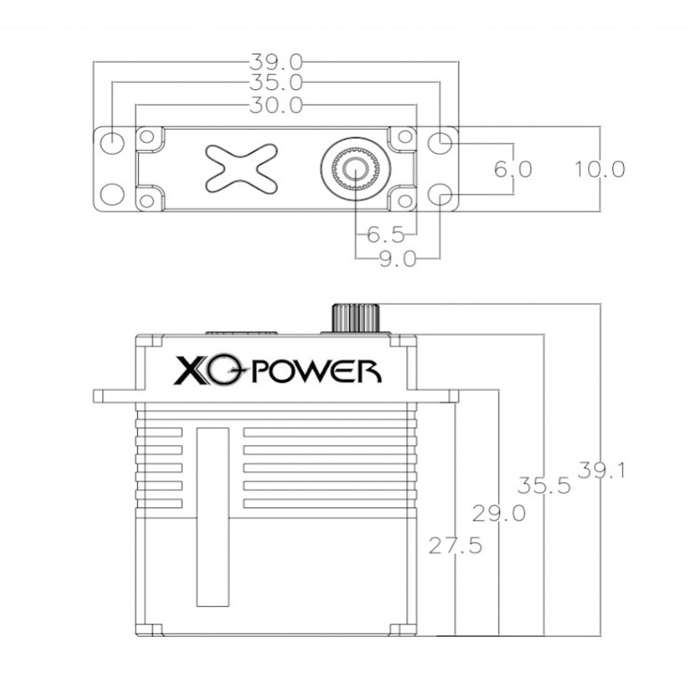 Dimension drawing of XQPOWER 11KG ultra-slim servo showing overall dimensions, mounting hole spacing, case thickness, and output shaft specifications.