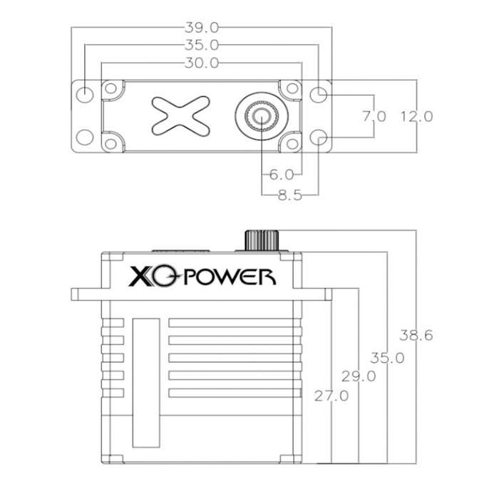 Mechanical dimension drawing of XQPOWER 22KG ultra-slim servo showing overall dimensions, mounting hole spacing, case thickness, and output shaft specifications.