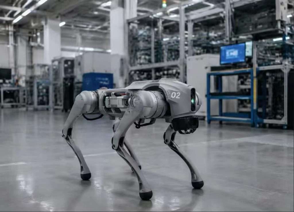 Quadruped robot marked 02 in a high-tech industrial facility