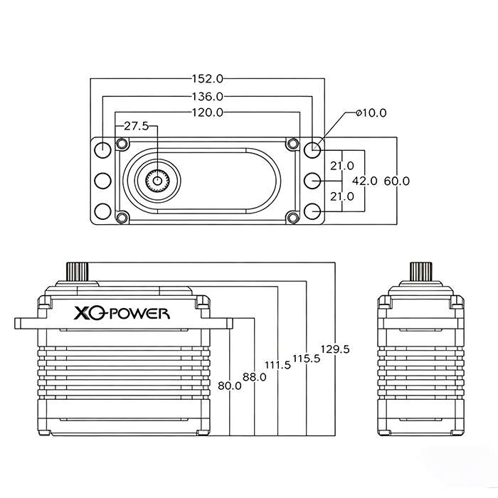 XQPOWER 1000kg industrial servo dimension diagram showing shaft, mounting, and housing measurements
