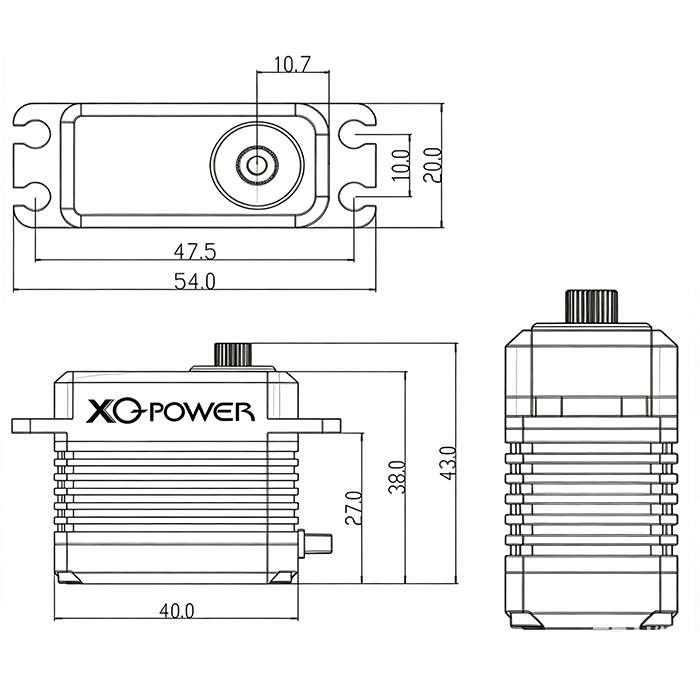XQPOWER 12V 20kg brushless servo dimension diagram showing shaft, mounting holes, and housing measurements