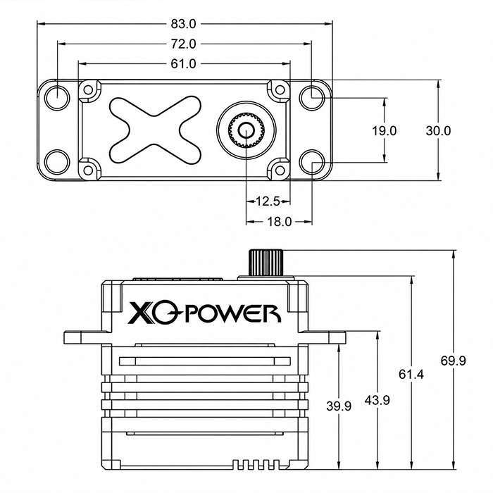 XQPOWER 130kg industrial actuator dimension diagram showing shaft, mounting holes, and housing measurements