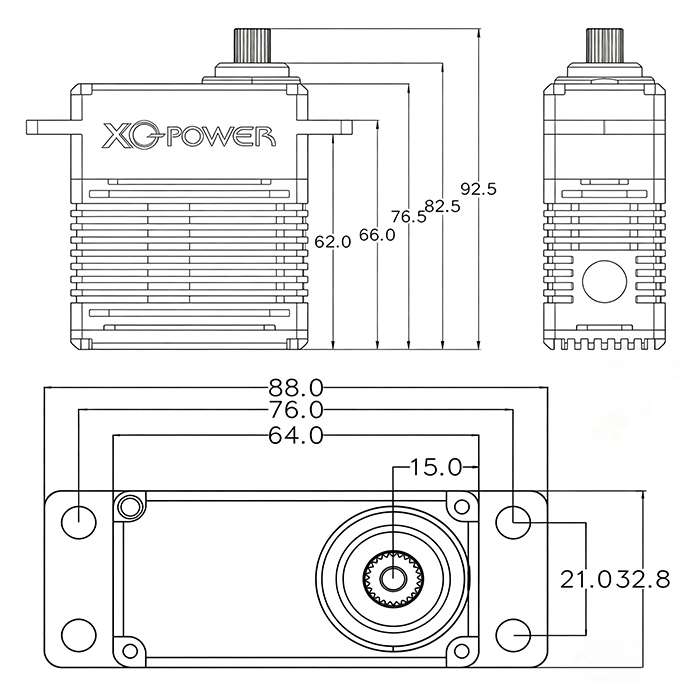 XQPOWER 180kg industrial robot servo dimensions diagram showing measurements and mounting points