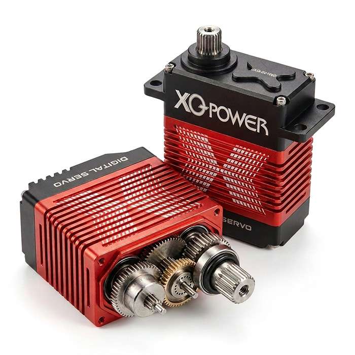 XQPOWER 180kg industrial servo internal structure showing brushless motor, metal gears, and control electronics