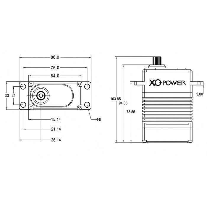 XQPOWER 250kg industrial servo dimension diagram showing shaft, mounting holes, and housing measurements