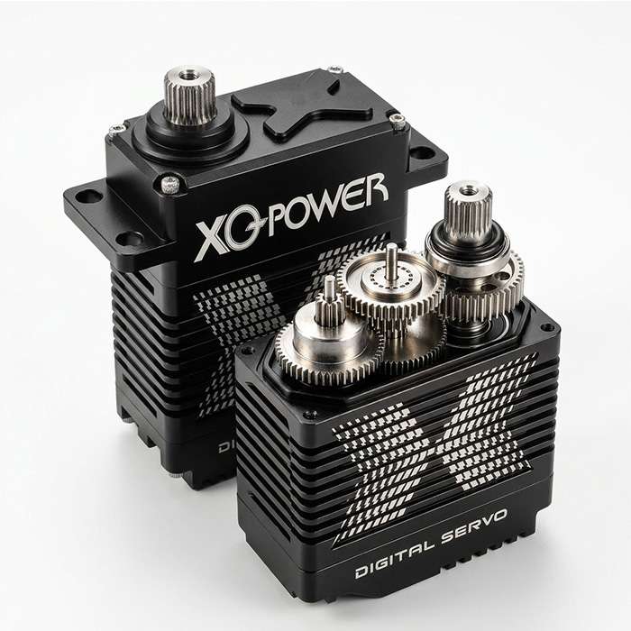 XQPOWER 250kg industrial servo internal structure showing brushless motor, metal gears, and control electronics