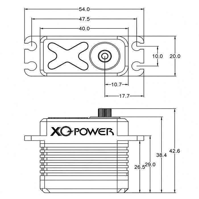 XQPOWER 25kg brushless servo dimension diagram showing mounting holes, shaft size, and housing measurements