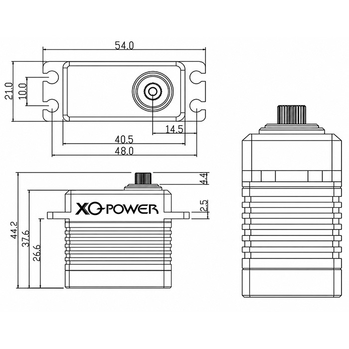 XQPOWER 8.4V 35KG IP67 waterproof brushless servo motor dimensions drawing with mounting size and shaft specifications