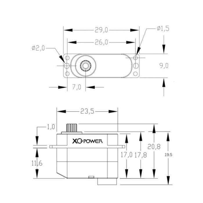 Dimension drawing of XQPOWER 3kg 7.4V full metal mini servo motor with detailed size specifications