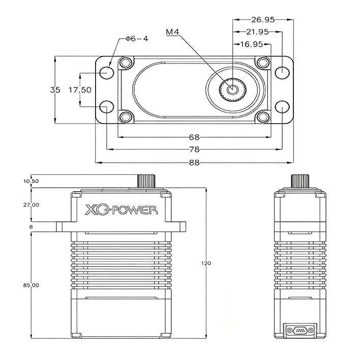 XQPOWER 400kg industrial servo dimension diagram showing shaft, mounting holes, and housing measurements
