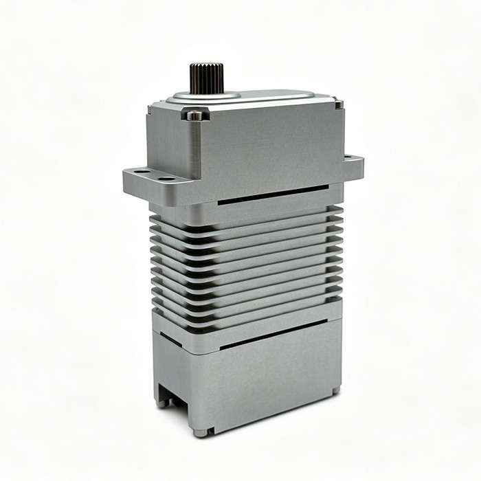 XQPOWER 400kg industrial servo side view showing high-torque housing, cooling fins, and output shaft for robotics and industrial automation
