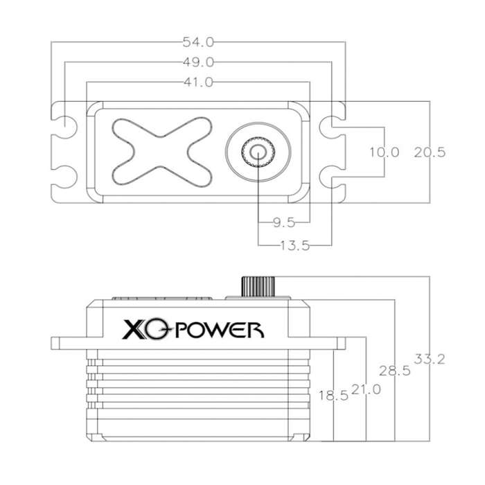 XQPOWER 48kg low-profile servo dimension diagram showing mounting holes, shaft size, and housing measurements
