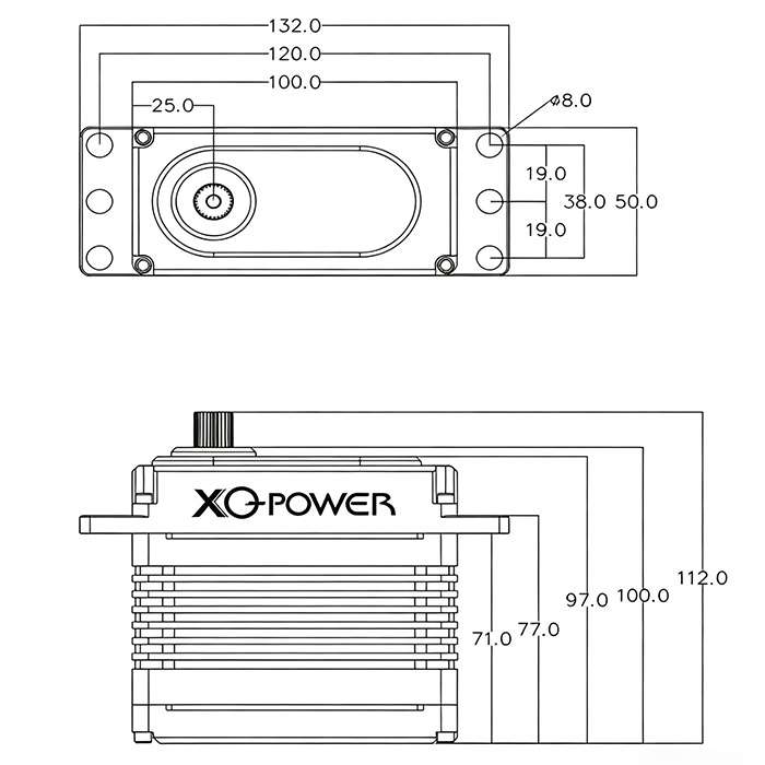 XQPOWER 700kg industrial servo dimension diagram showing shaft, mounting holes, and housing measurements