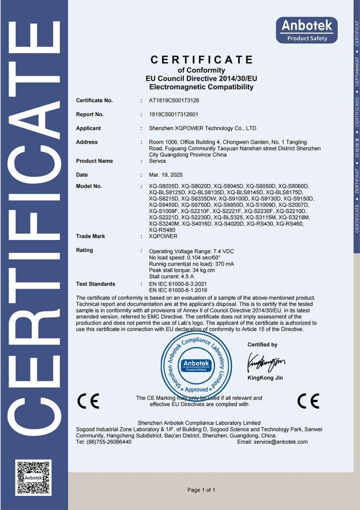 xqpower-ce-certificate XQPOWER CE certificate for servo motors and electronic motion control products