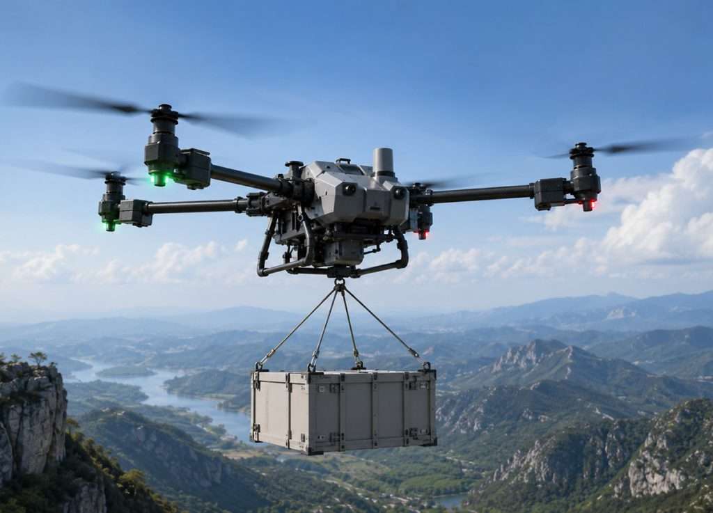 High-resolution photorealistic image of a heavy-lift industrial UAV carrying a large cargo crate, showcasing multiple XQPOWER high-torque servos used for flight control and payload mechanisms over a mountainous landscape.