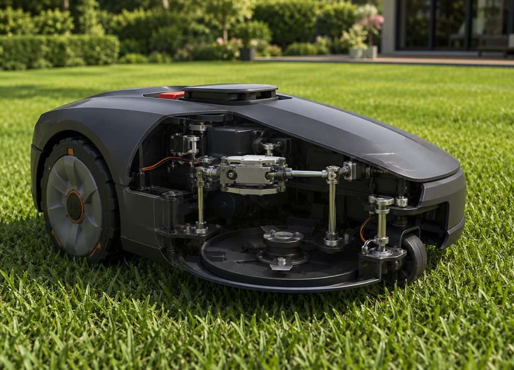 Robotic lawn mower featuring servo-driven height adjustment and precision actuation systems for smart outdoor automation applications.