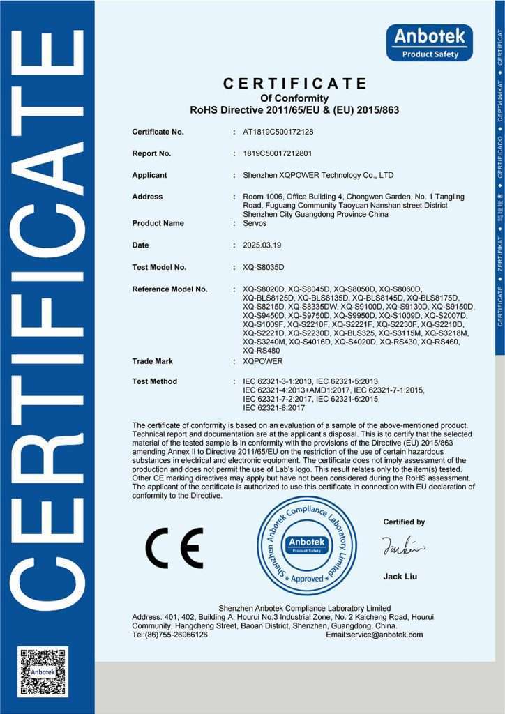 xqpower-rohs-certificate XQPOWER ROHS certified servo motor certificate for environmental compliance