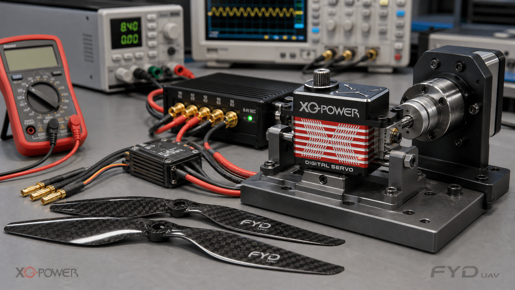 XQ-POWER & FYD-UAV 8 XQ-POWER digital servo with FYD UAV propellers and 8.4 V BEC on a drone electronics test bench