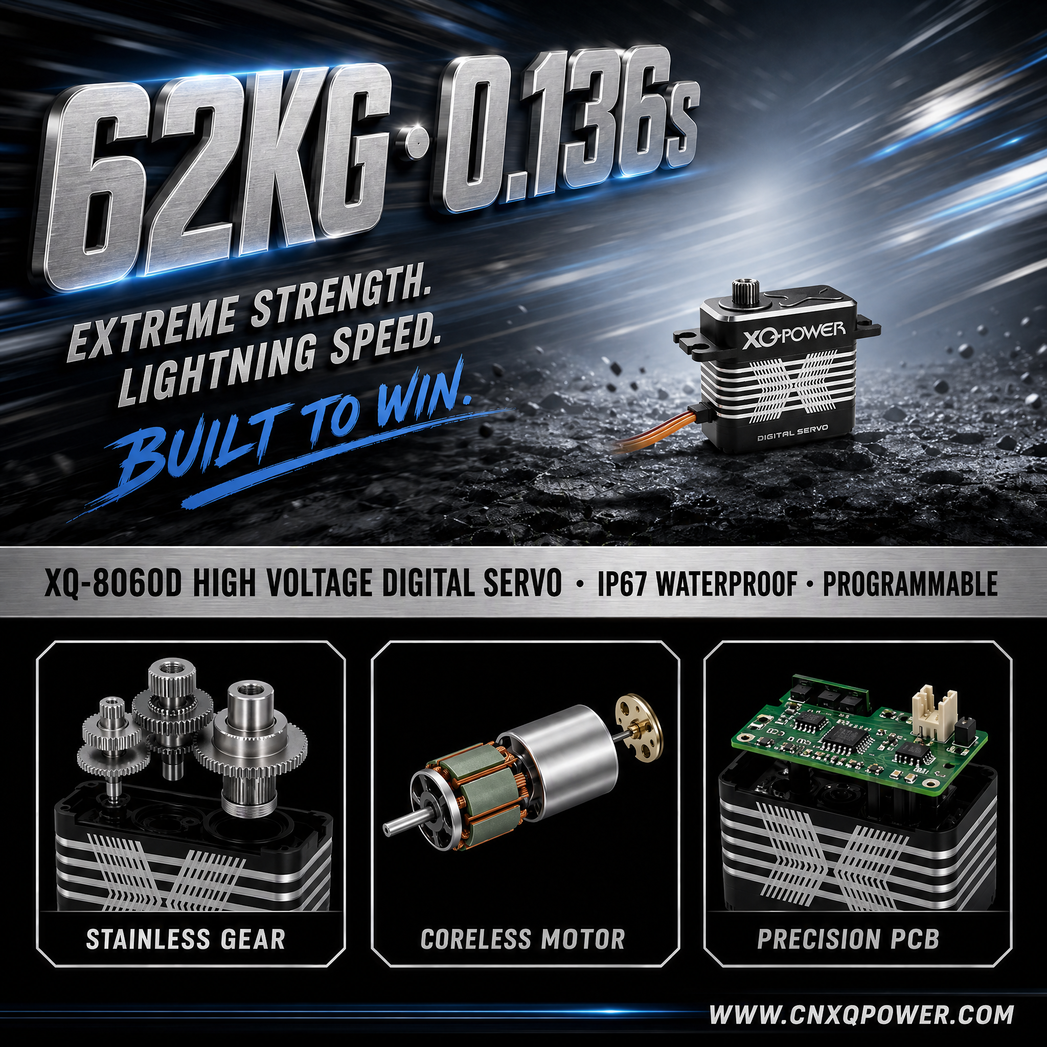 XQ-POWER XQ-8060D high voltage digital servo promotional image showing 62KG torque and 0.136s speed with stainless gear, coreless motor and precision PCB components