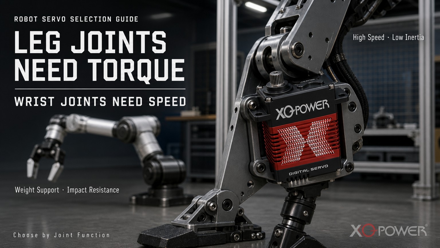 XQ-POWER servo mounted to a robotic leg joint on a test frame
