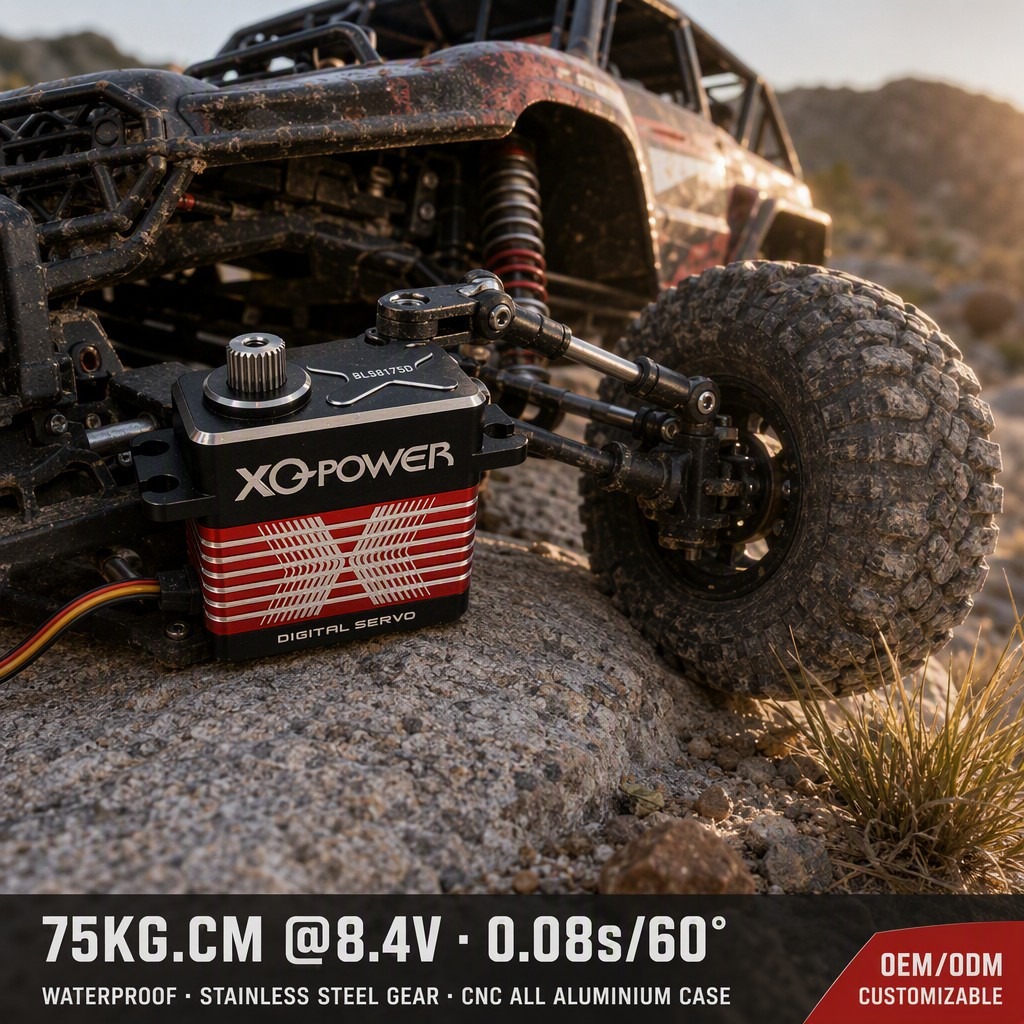 XQPOWER BLS8175D outdoor RC crawler application XQ-POWER BLS8175D servo installed in an outdoor RC crawler on rocky terrain