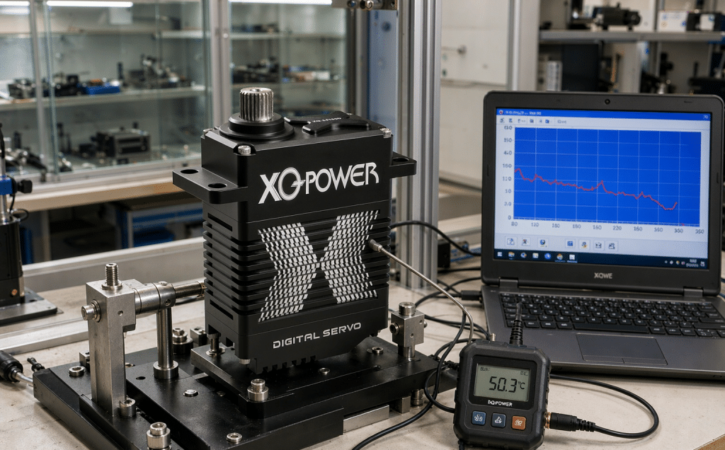 XQ-Power servo temperature logging during a sustained high-torque load test