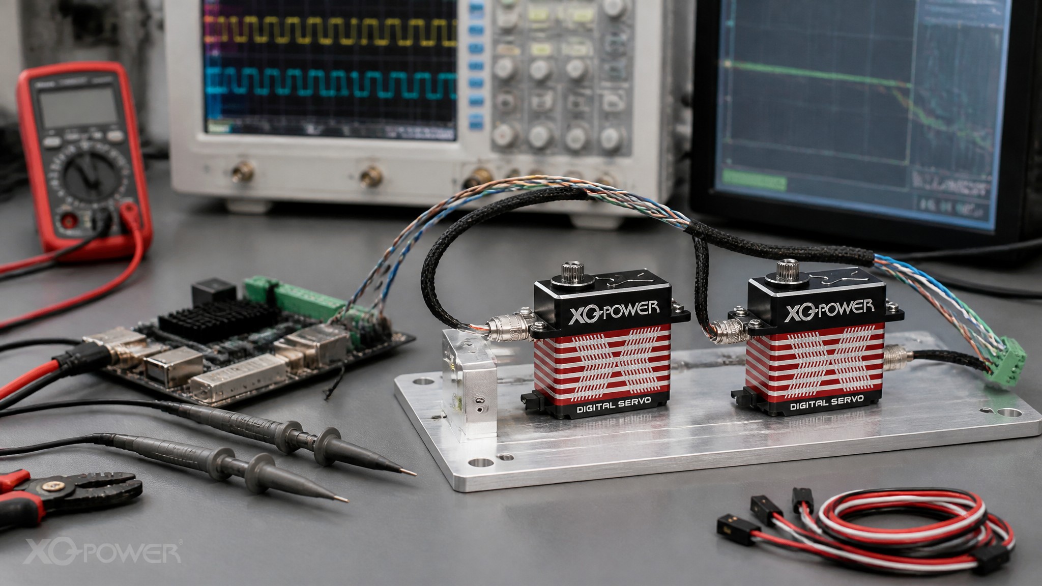 XQ-POWER servo nodes connected to an AGV communication and control test bench for controller integration testing
