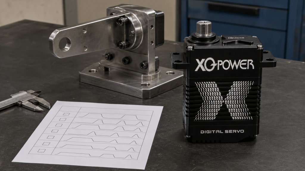 XQ-POWER S9150D industrial high-torque digital servo on an engineering workbench with a load-cycle checklist and mounting fixture