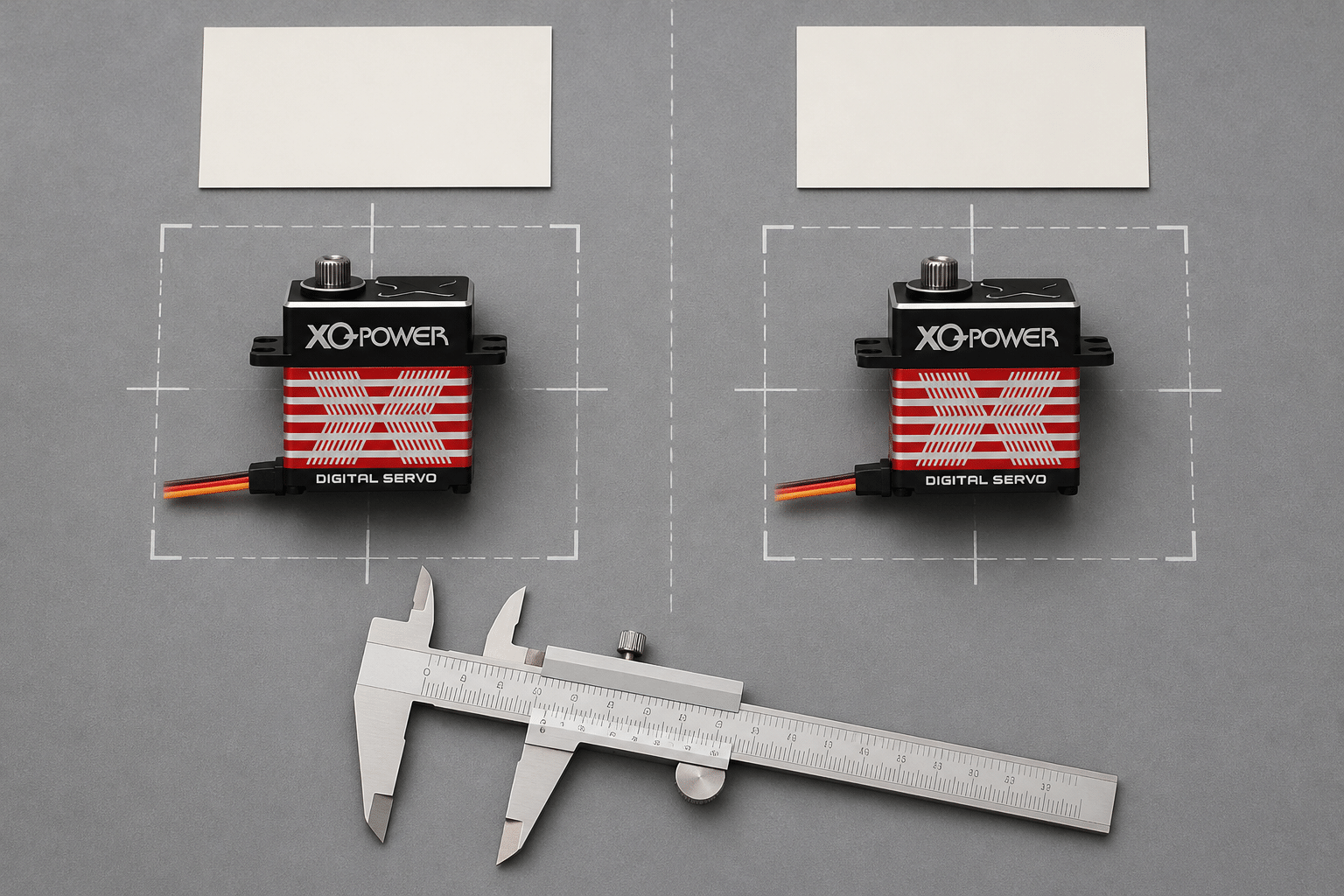 XQ-POWER BLS8125D and RS8125D brushless servos shown side by side with a caliper