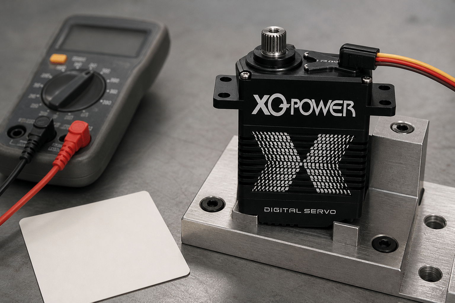 XQ-POWER S9150D digital servo mounted on a metal test fixture with a digital multimeter and a blank test card on a workbench