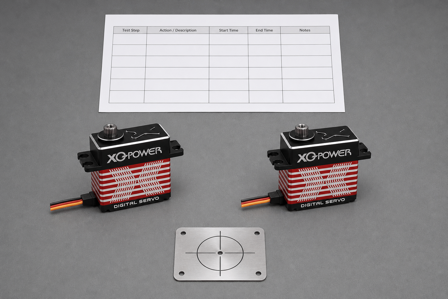 XQ-POWER BLS8125D and RS8125D digital servos placed side by side with a blank test-log sheet and a metal alignment plate on an inspection table