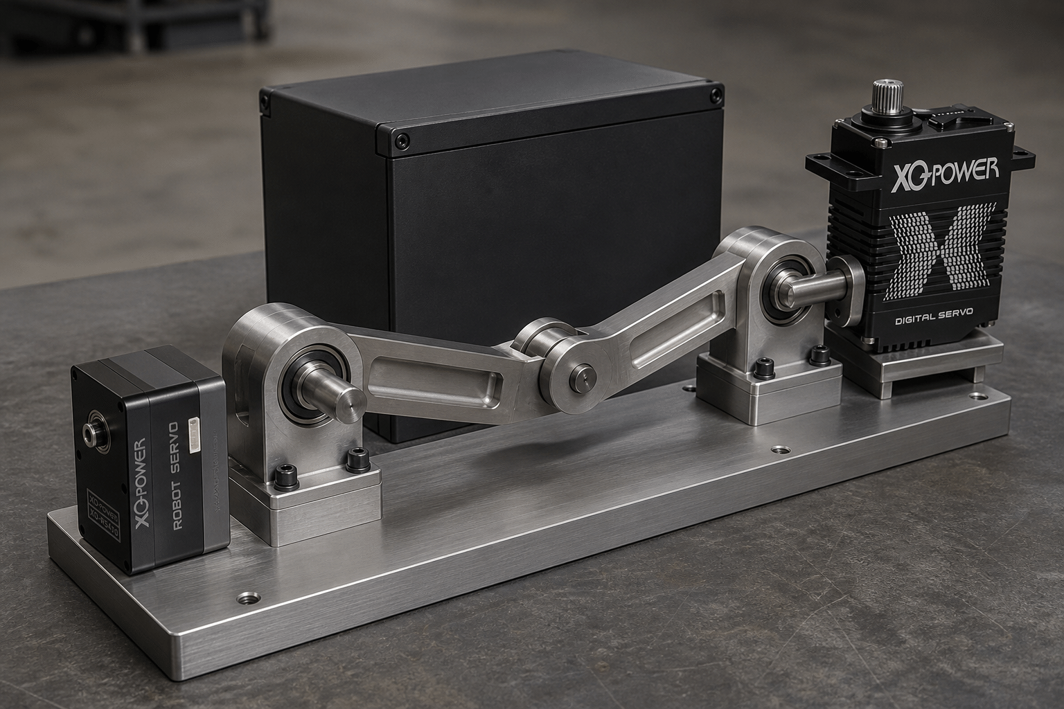 XQ-POWER robot servo and XQ-POWER digital servo mounted on a benchtop robot joint fixture with machined aluminium arms, pillow block ball bearings and a metal baseplate