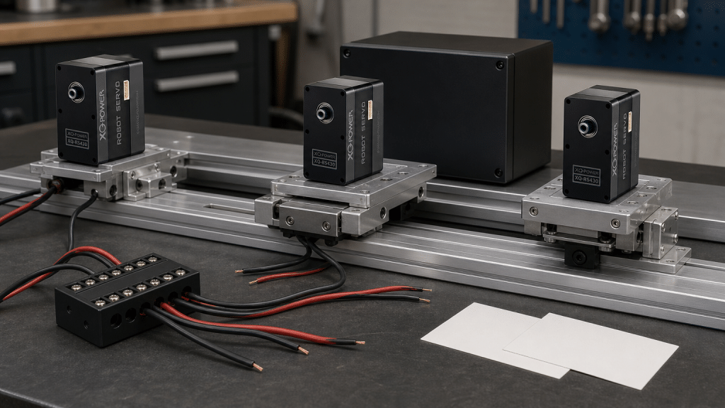 Multiple XQ-POWER RS460 Modbus RS485 robot servos on a multi-axis integration bench with separate power distribution