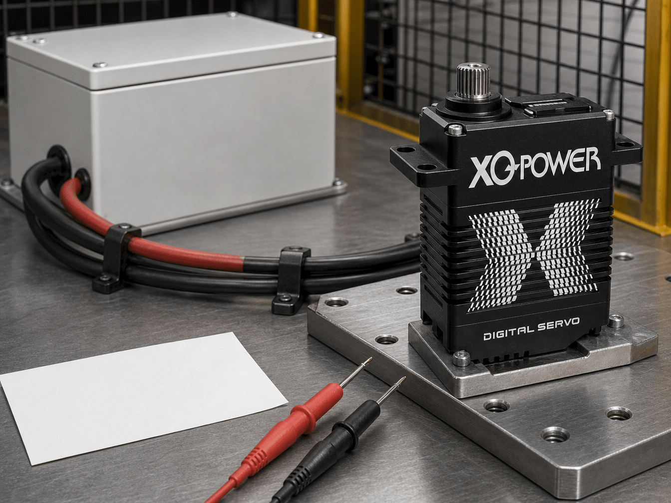 XQ-POWER S9150D industrial brushless servo on a guarded test fixture during remote voltage measurement