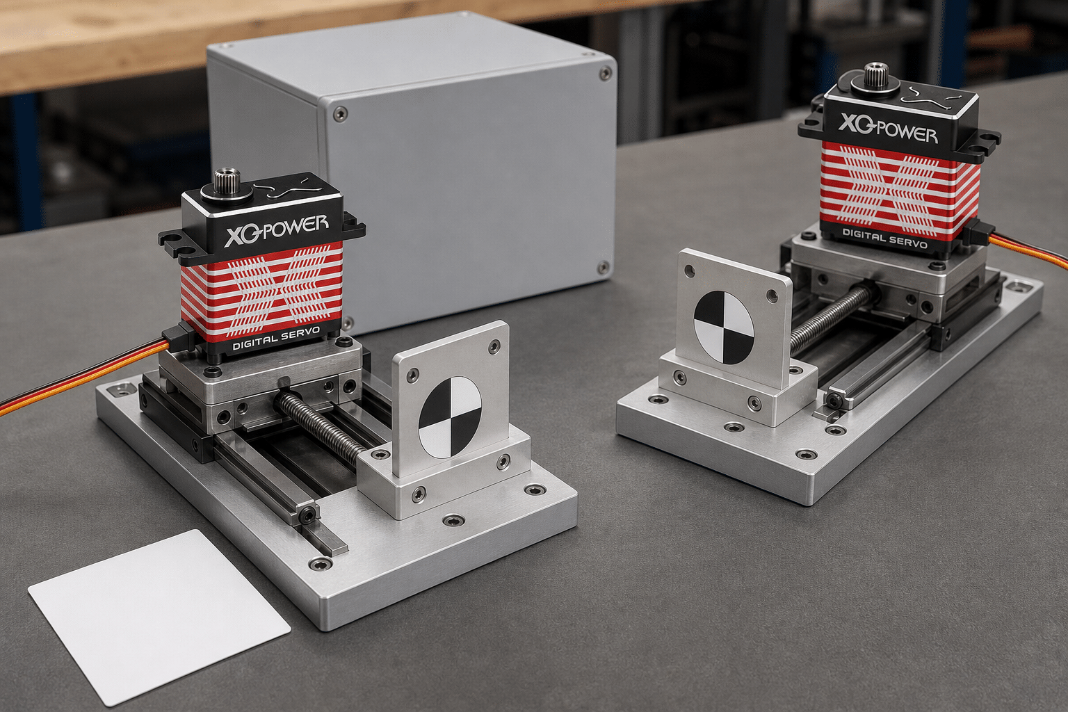 XQ-POWER BLS8125D and RS8125D brushless servos on motion-test fixtures for end-to-end response measurement
