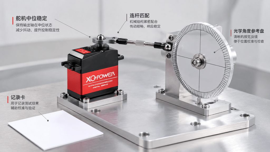 S3240M servo mounted on an RC helicopter cyclic linkage calibration fixture