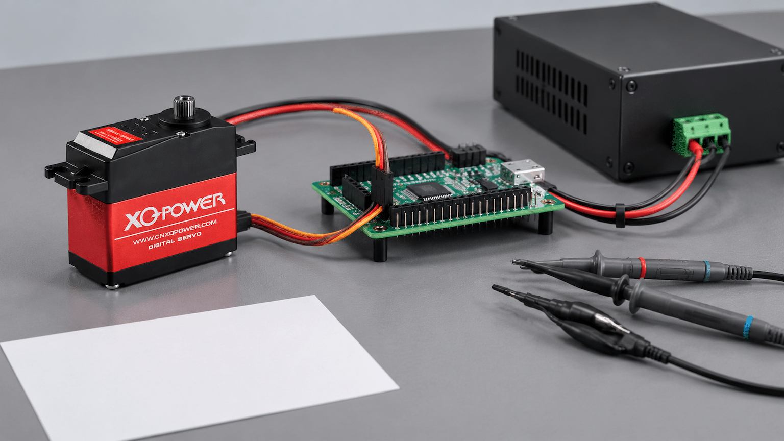 S3240M servo on a PWM microcontroller test bench with an isolated power enclosure