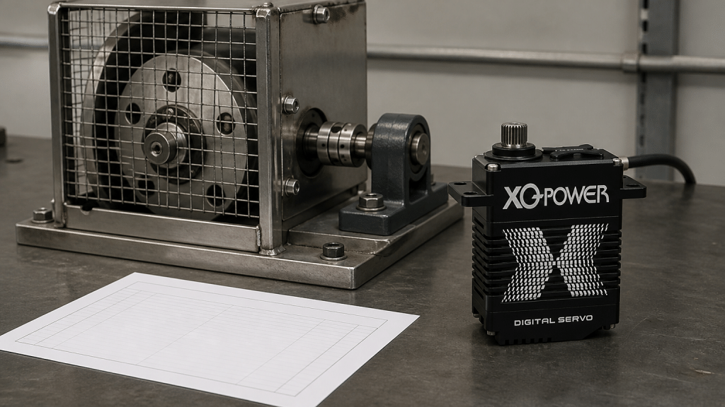 XQ-POWER digital servo on a workbench beside a guarded flywheel load fixture and a blank load-test log sheet